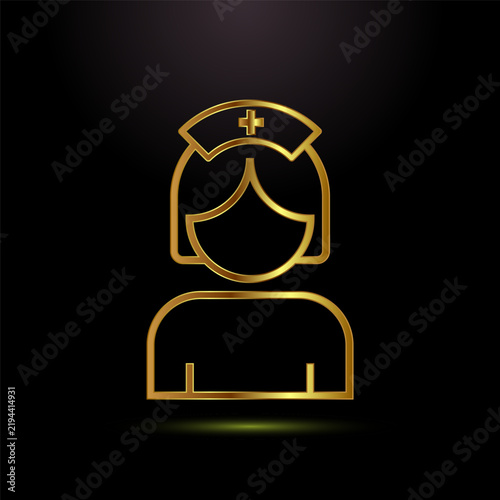 Golden outline nurse icon, medical worker symbol on isolated black background.