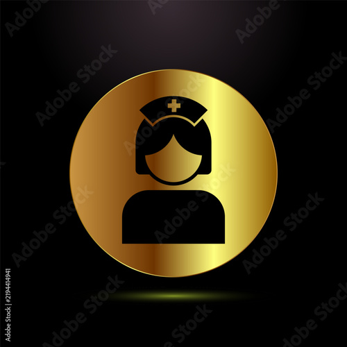 Nurse icon in golden circle, healthcare worker symbol on black background.