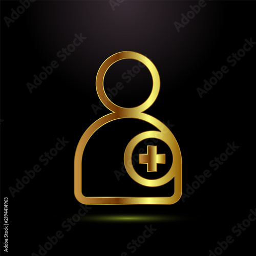 Add patient icon with cross symbol in golden outline, medical record adding.