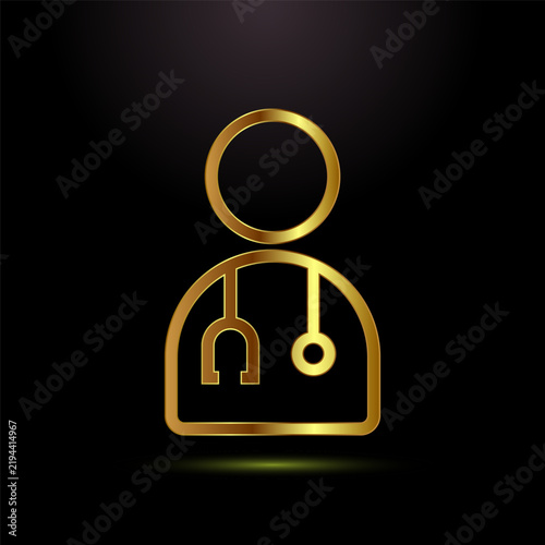 Golden doctor silhouette icon with stethoscope outline for medical health care logo.