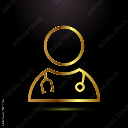 Golden doctor silhouette icon with stethoscope outline for medical health care logo.