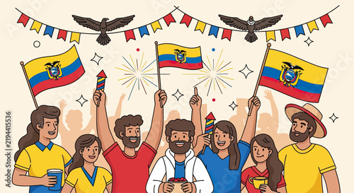 Bild auf Leinwand Cheerful crowd waving Ecuador flags at celebration event.