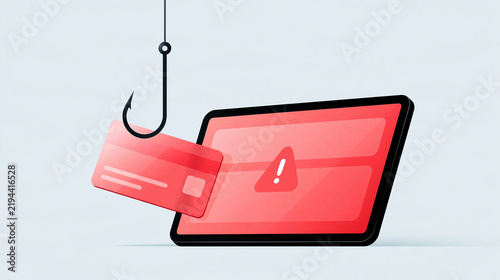 Bright conceptual composition on a pale background, a stylised fishing hook lifting a translucent credit card icon beside a tablet screen with soft red warning panels, clean flat d