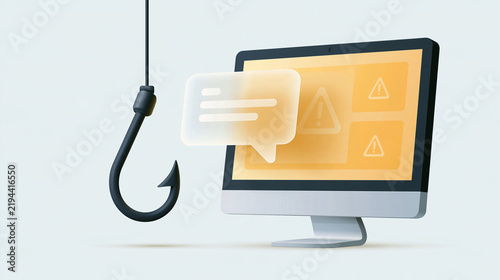 Bright conceptual composition on a pale background, a stylised fishing hook lifting a translucent chat bubble icon beside a desktop monitor with soft amber caution panels, clean fl