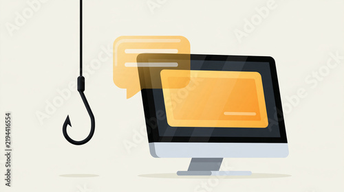 Bright conceptual composition on a pale background, a stylised fishing hook lifting a translucent chat bubble icon beside a desktop monitor with soft amber caution panels, clean fl