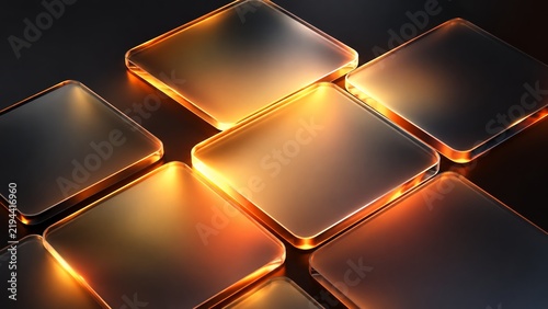 Isometric floating translucent glass square tiles with glowing neon amber orange edges on dark background 3d render