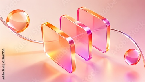 Row of translucent square glass plates and floating spheres with curved neon tube in warm amber orange and pink pastel gradient 3d render