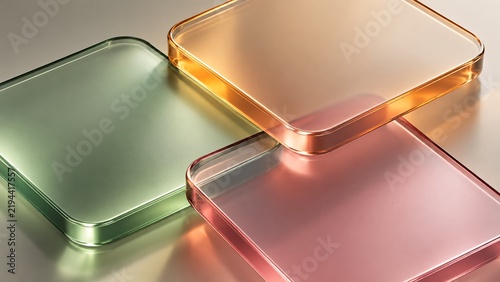 Isometric view of rounded square translucent glass display plates in sage green amber gold and blush rose pink 3d render