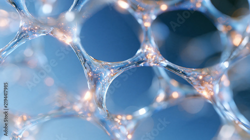 Abstract crystalline lattice of interconnected data cells pulsing with soft light, floating in bright studio space, digital innovation, scientific design, with copy space