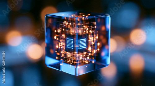 Abstract quantum computing crystal structure with glowing internal circuitry, floating in bright studio light, technology revolution, digital innovation, with copy space