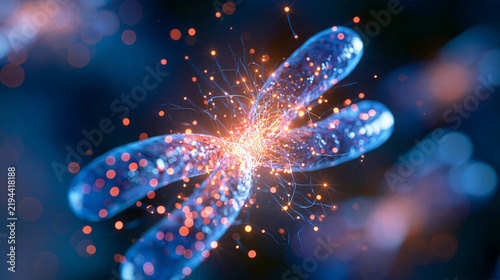 Abstract chromosome structure unraveling into luminous data threads, floating in bright minimalist space, genetic research, data visualization, with copy space