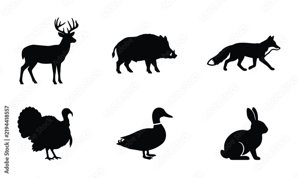 Fototapeta premium Wild Animal Silhouettes: Deer, Boar, Fox, Turkey, Duck, Rabbit Vector Icons for Hunting and Nature Graphics