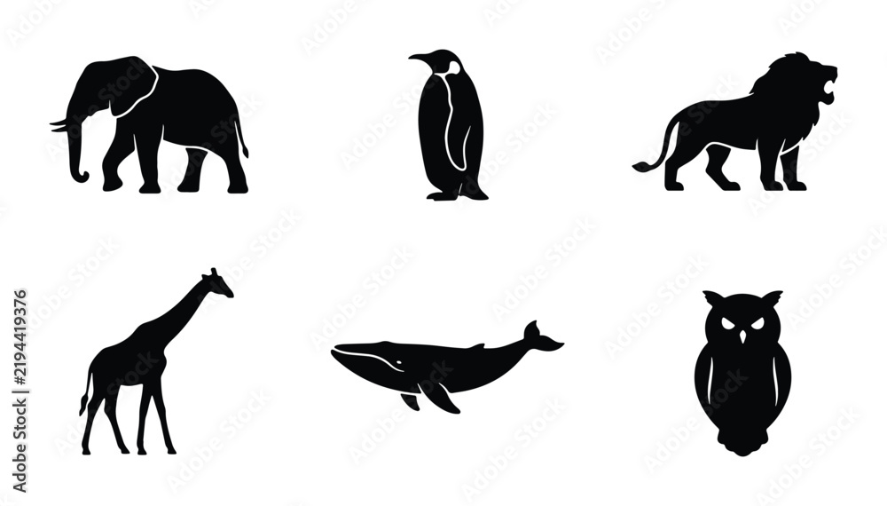 Obraz premium Silhouette Animal Icons Set: Elephant, Penguin, Lion, Giraffe, Whale, Owl Vector Graphics