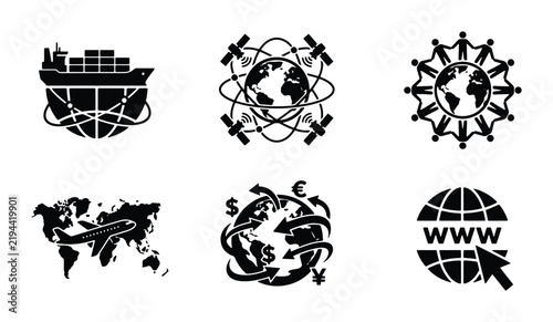 Global Connectivity Icons: Shipping, Satellites, People, Travel, Finance, Web Icons