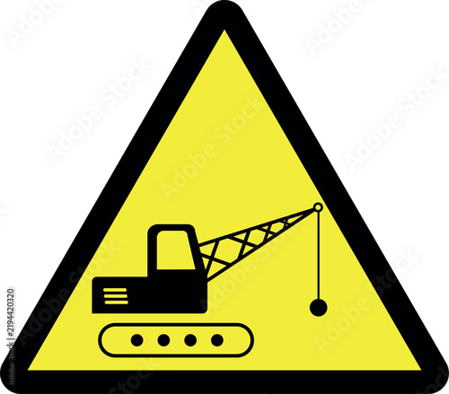 Demolition vehicle warning sign. Red triangle background. Caution signs and symbols.
