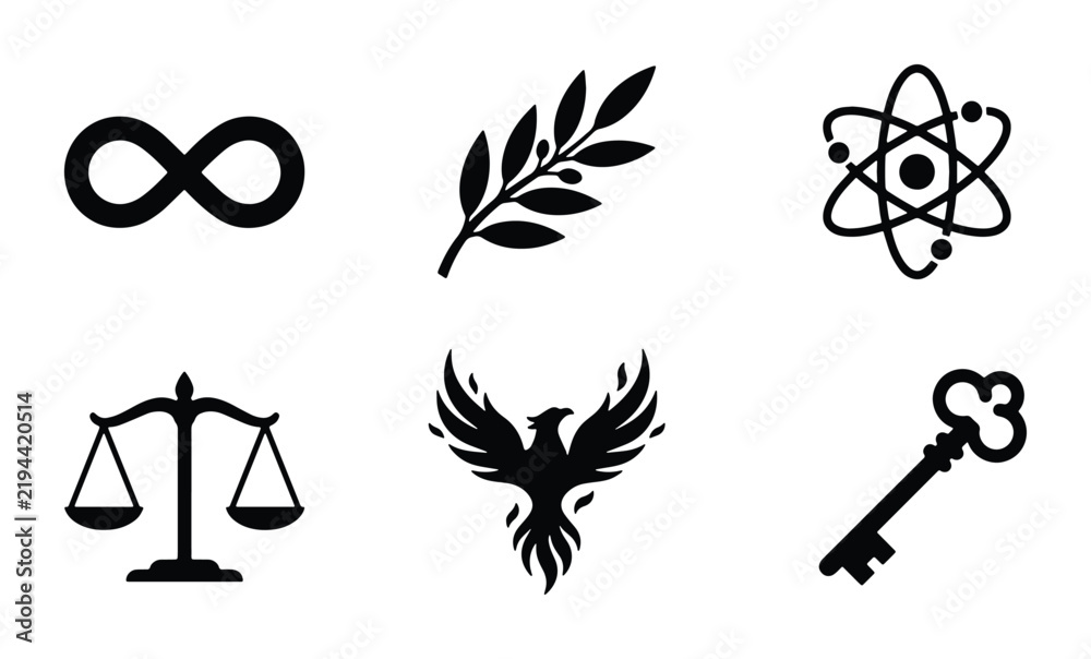 Fototapeta premium Abstract Symbols Set: Infinity, Olive Branch, Atom, Scales, Phoenix, Key Icons for Concept Design