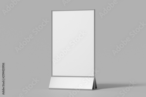 vertical standing table tent menu card holder with transparent plastic frame and metallic base mockup isolated 3d render