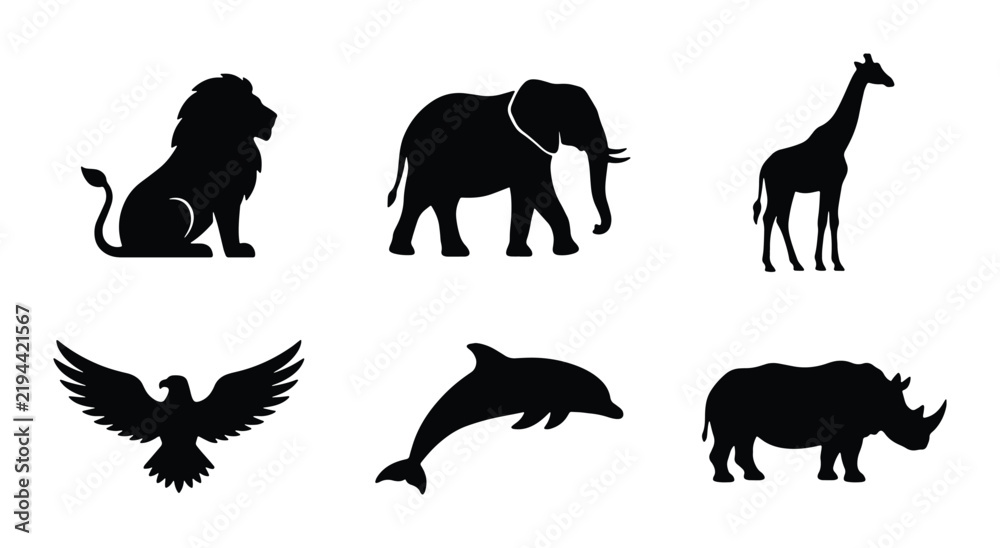 Obraz premium African Wildlife Silhouette Icons: Lion, Elephant, Giraffe, Eagle, Dolphin, Rhino Vector Set