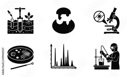 Science Icons Set: Microbiology, Chemistry, Soil Analysis, Lab Research, Data Graphs, Vector Graphics