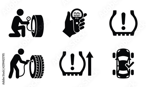 Car Tire Pressure Icons: Inflation, Gauge, Warning Light, Low Pressure, High Pressure, Vehicle Check