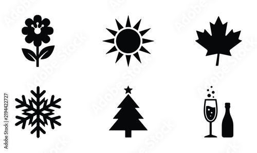 Six Black Vector Icons: Flower, Sun, Maple Leaf, Snowflake, Christmas Tree, Celebration Drinks