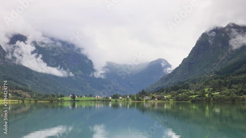 The view across Floen Lake in Norway.  Floen Lake is a glacier fed lake, surrounded by breathtaking landscapes and which is located close to the village of Olden.
