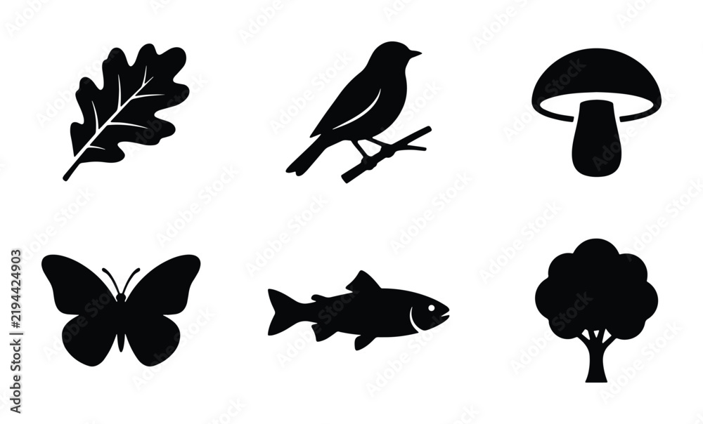 Fototapeta premium Nature Icons Set: Oak Leaf, Bird, Mushroom, Butterfly, Fish, Tree Silhouettes for Eco Design