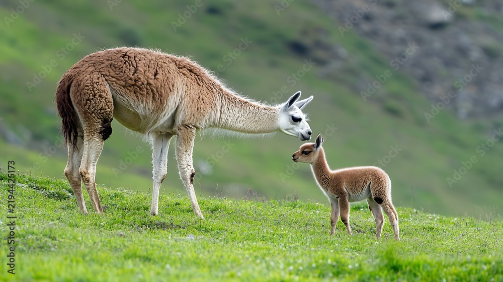 Obraz premium A llama and its calf share a tender moment on a lush green pasture, surrounded by nature's tranquility