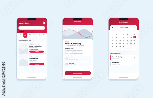 Bild auf Leinwand Three smartphone screens displaying a fitness application interface with red and