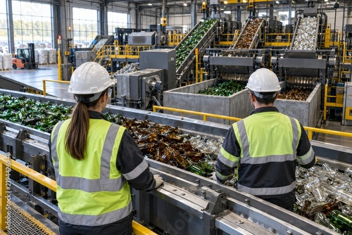Operarios trabajan en una planta de reciclaje de botellas de vidrio en un entorno industrial