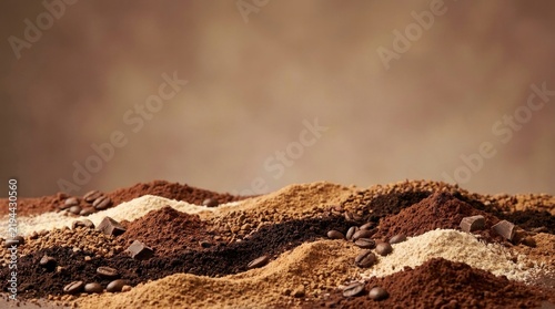 Cocoa coffee blend texture, coffee background for gourmet beverage branding, artisan packaging, premium advertising and editorial layout, close-up, flowing across the lower edge with negative space