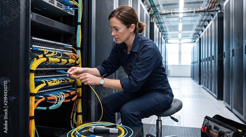 Female technician connecting fiber cable in data center
