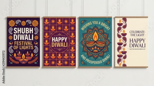 Set of Four Colorful Happy Diwali Greeting Posters Hanging on a Wall with Traditional Indian Motifs and Diya Illustrations