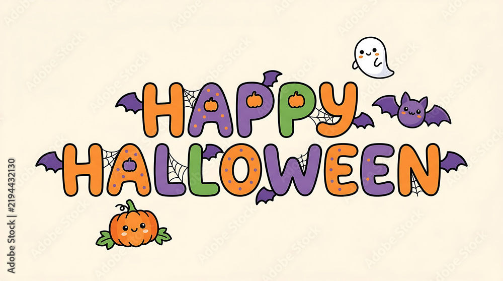 Fototapeta premium Halloween typography vector illustration with cute spooky elements and colorful text