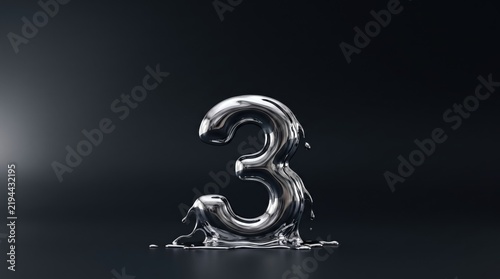 Shiny silver number three melting on a dark surface. Liquid metal texture flowing down with a smooth reflective finish.