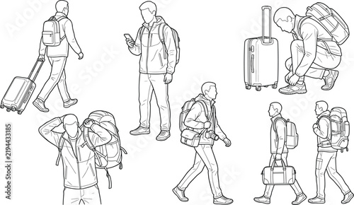Traveler and Backpacker Scale Figures Line Art Vector Set with Luggage, Suitcases, and Backpacks