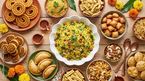 Traditional Indian Diwali Snacks and Sweets Spread with Poha, Chakli, and Bhakarwadi on Wooden Table