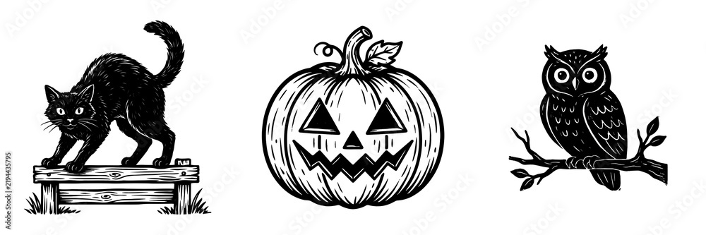 Obraz premium Halloween line art with cat, pumpkin and owl