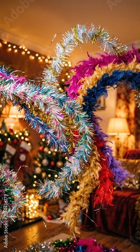 Colorful tinsel and feather boas floating in air for celebration. Festive party accessories scattered in a cozy room with glowing lights.