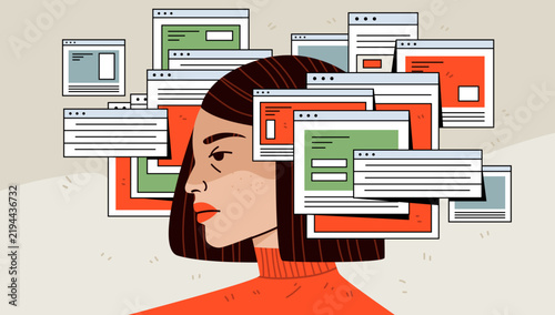 Cognitive overload and browser tabs digital stress screen fatigue overwhelmed woman surrounded by multiple pop-up windows abstract background