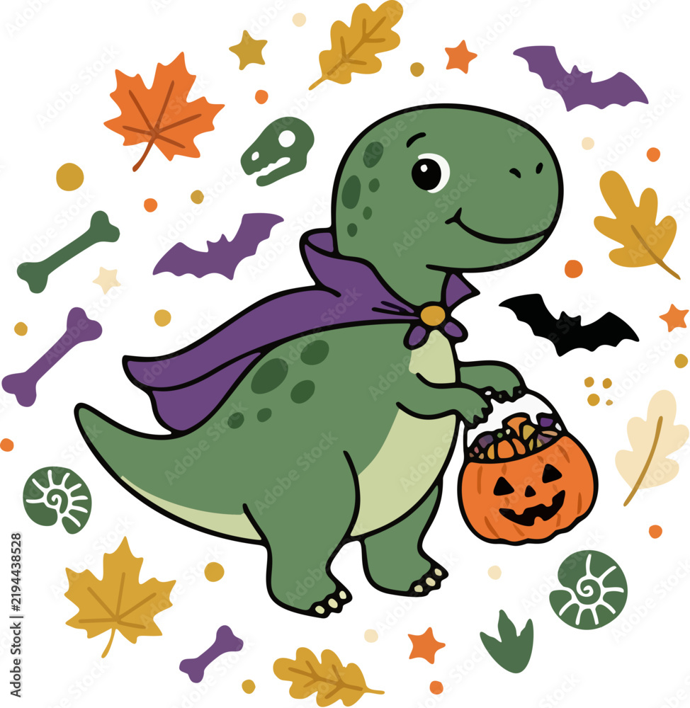 Obraz premium Cute cartoon dinosaur character holding jack-o'-lantern in festive autumn illustration with purple cape
