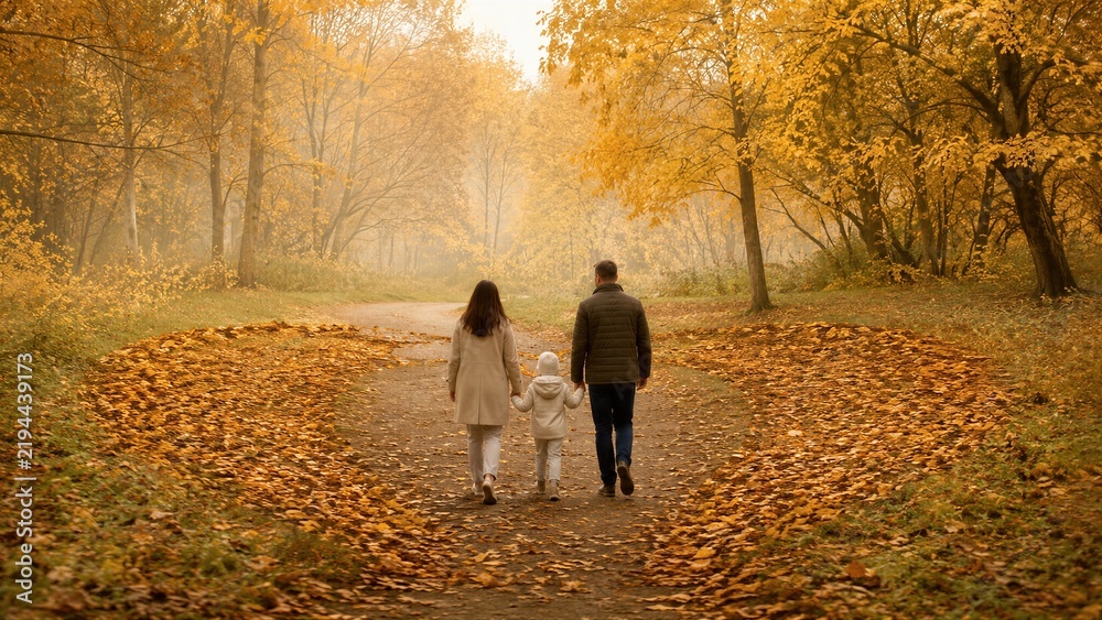 Fototapeta premium Family with child walking along path in autumn park. Parents holding hands with kid among golden trees and fallen leaves. Autumn family leisure and outdoor walk concept.