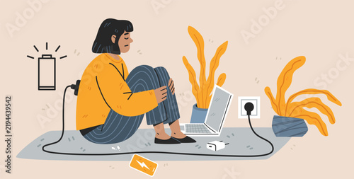 Technology dependency and human energy drain concept tech fatigue digital burnout woman connected to laptop by power cord low battery plants home