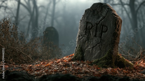 Weathered cracked tombstone with RIP inscription in foggy autumn cemetery with barren trees and dry fallen leaves on ground