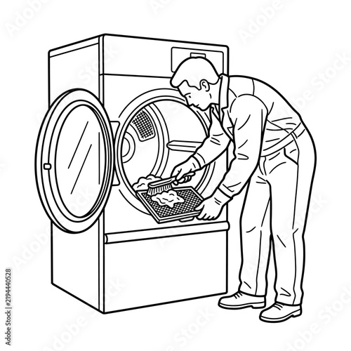 Man cleans a dryer lint trap, removing accumulated debris from the appliance to maintain its efficiency and prevent fire hazards.