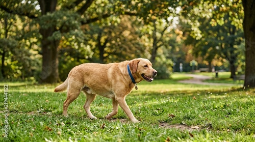 Labrador Retriever Walking Through Sunny Public Park