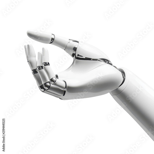 White robotic hand showing an open palm gesture in a PNG format on a transparent background ready for digital integration into design projects