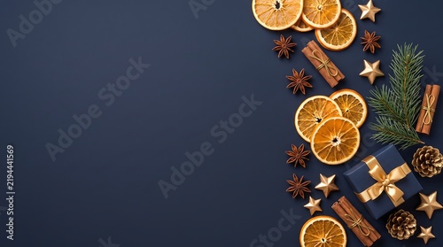 ia generated top view flat lay of white gift boxes with blue ribbons silver baubles gingerbread men and candy canes on a dark blue background. Festive Christmas mockup.