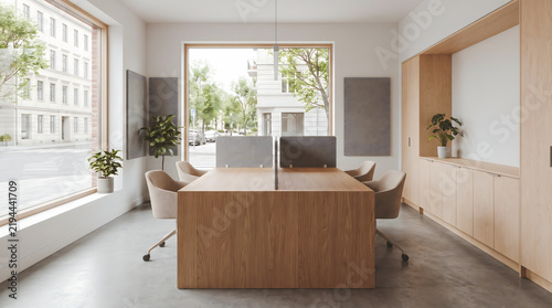 Modern minimalist Scandinavian-style office with large windows, a natural wood desk, a palette of beige and soft gray tones, a clean corporate aesthetic, and a professional business backdrop.