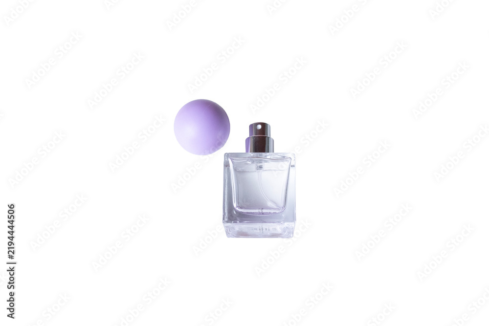 Obraz premium Square glass perfume bottle with round purple cap isolated on white